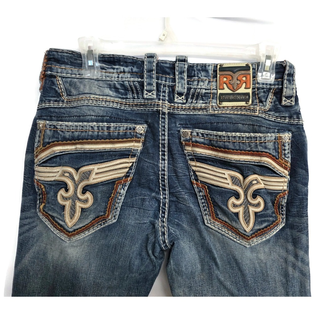 Rock Revival Seal Brown Straight Mens Jeans Blue Heavy Wash NEEDS BUTTON Size 34